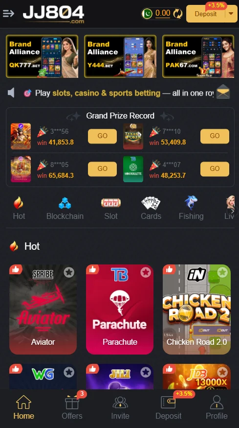 Mobile home screen of the JJ804 game app showing various gaming categories and featured games