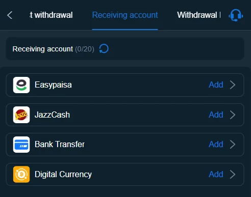 Pkrbet game withdrawal page showing options to add Easypaisa, JazzCash, bank transfer, or digital currency as receiving accounts.