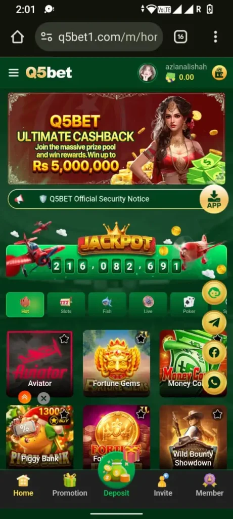 Q5bet game home screen showing casino games and cashback banner