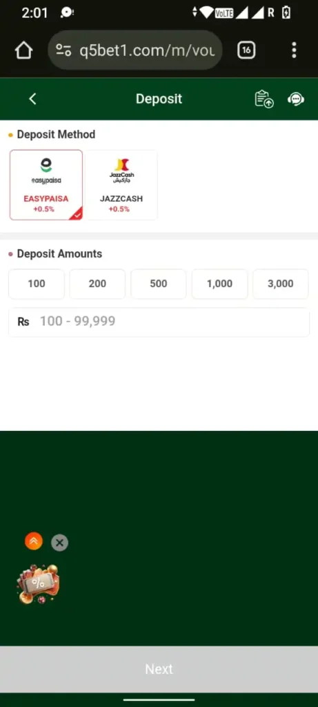 Q5bet game deposit page showing Easypaisa and JazzCash payment options with preset deposit amounts.