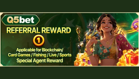 Q5bet game referral reward banner featuring a smiling animated girl with gold gift boxes and promotional text.