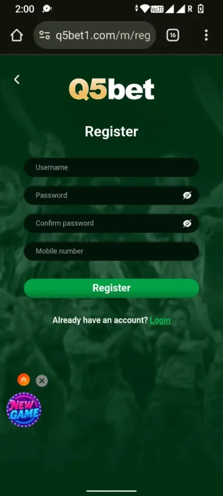 Q5bet game registration page with fields for username password and mobile number
