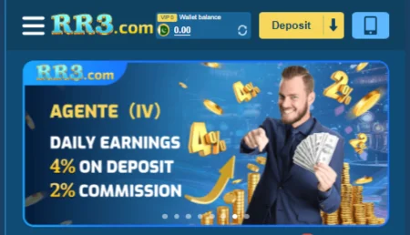 RR3 game promotional banner showing agent program and daily earnings offer