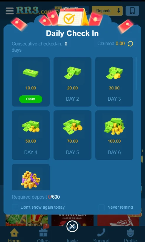 Daily check in rewards screen of RR3 game showing different cash and coin bonuses for consecutive days.