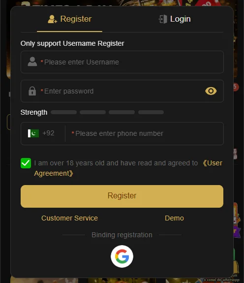 registration form of w567 game showing username password phone number and age confirmation fields