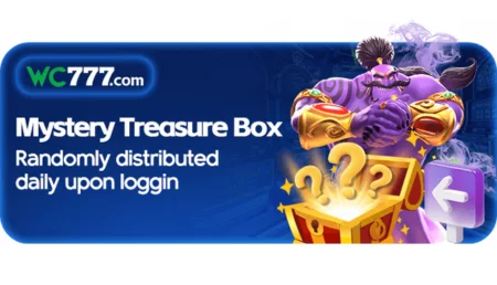 Wc 777 game mystery treasure box banner with a genie and reward chest