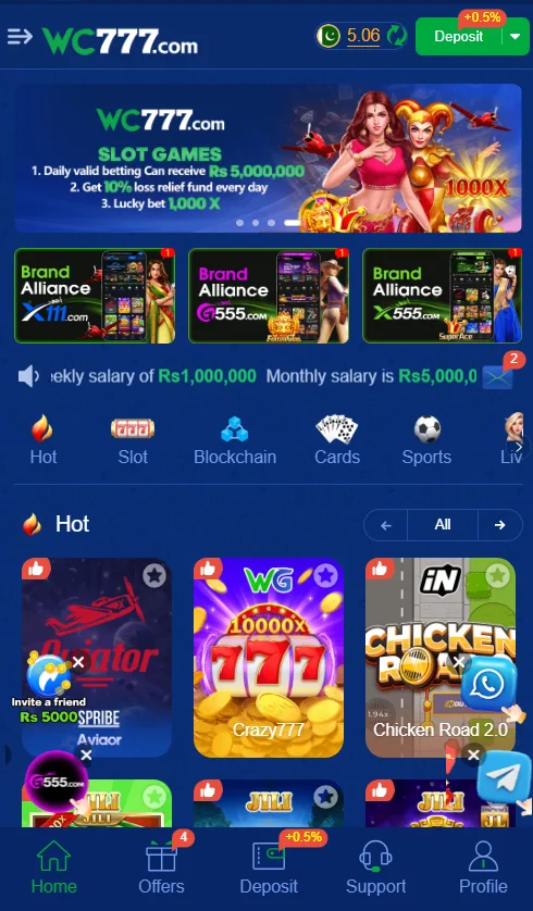 WC 777 game home screen showing slot banners, popular games, and categories such as slot, cards, and sports