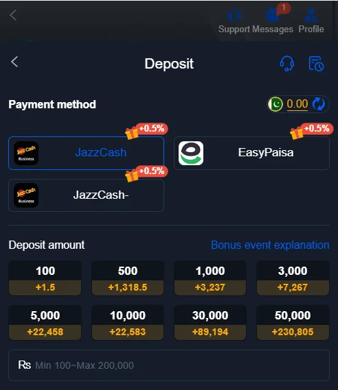 X111 game deposit screen displaying payment options via JazzCash and EasyPaisa.