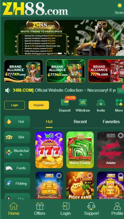 ZH 88 game home page with slot and casino game options and promotional banners.