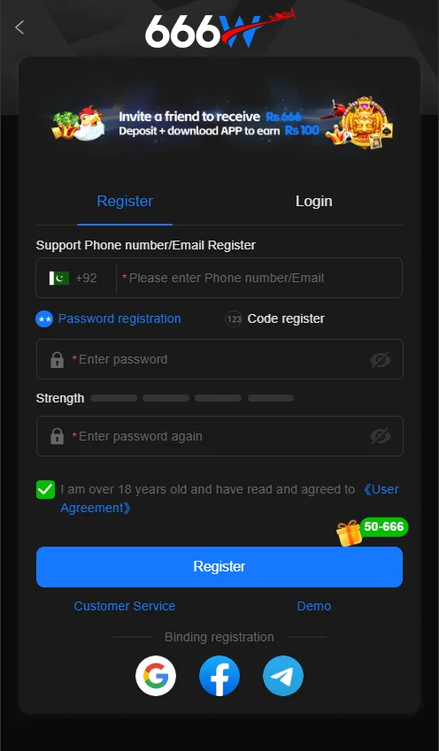 666W Game login and register process