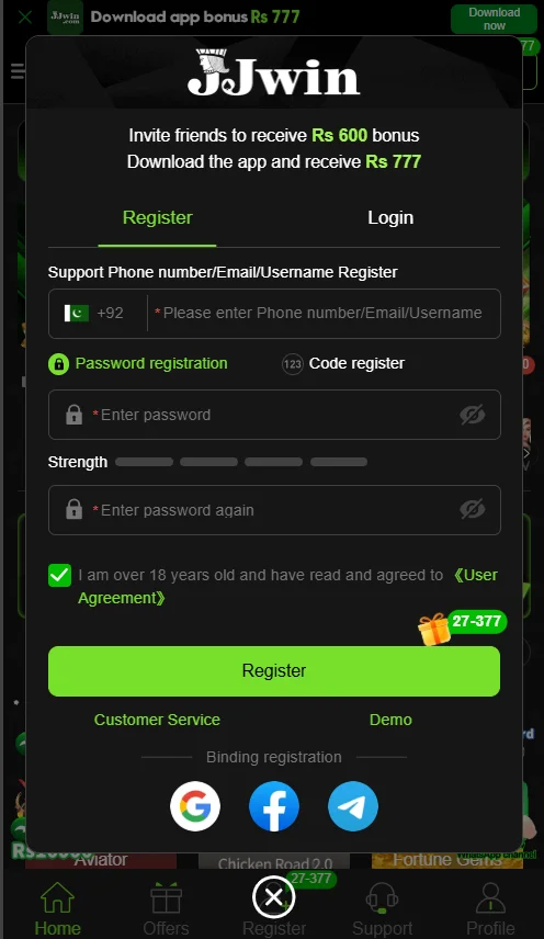 JJwin Game register page