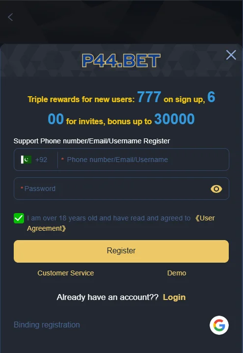 P44Bet Game register